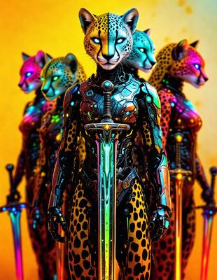 The primary subject of the image is a woman dressed in a futuristic outfit, wearing a sword and surrounded by other women dressed similarly. The setting appears to be a futuristic or fantasy-themed environment, possibly a comic book or video game scene. The visual style is a combination of digital art and illustration, with the women's outfits and the sword being the main focus of the image. The colors and mood of the image are predominantly dark and mysterious, with the women's outfits and the futuristic setting contributing to the overall atmosphere.